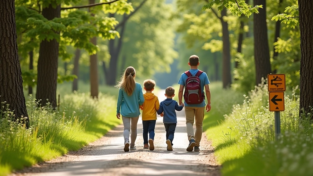 Family walking together on a scenic trail with clear signage, varied terrain suitable for different ages